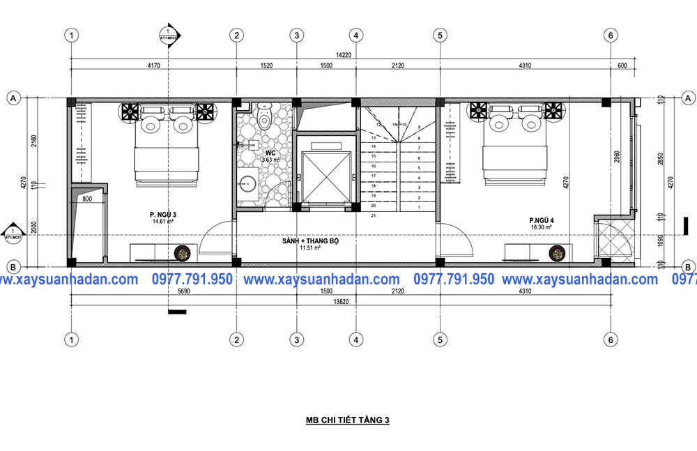 bản vẽ thi công nhà phố 4 tầng 1 tum 4,3mx13,7m