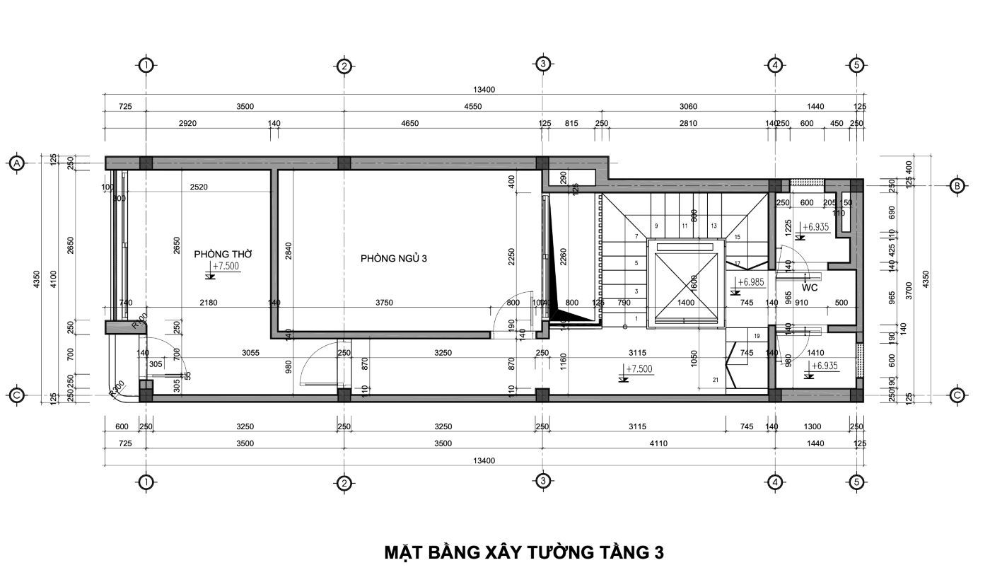 Bản vẽ thiết kế nhà phố 53m2-mặt bằng xây tường