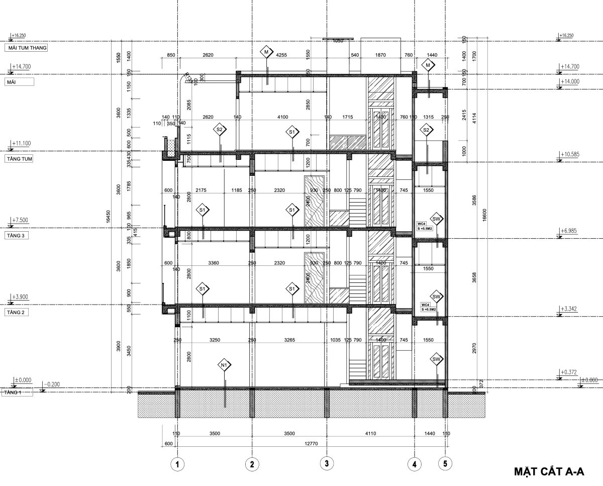 Bản vẽ thiết kế nhà phố 53m2-mặt đứng mặt cắt