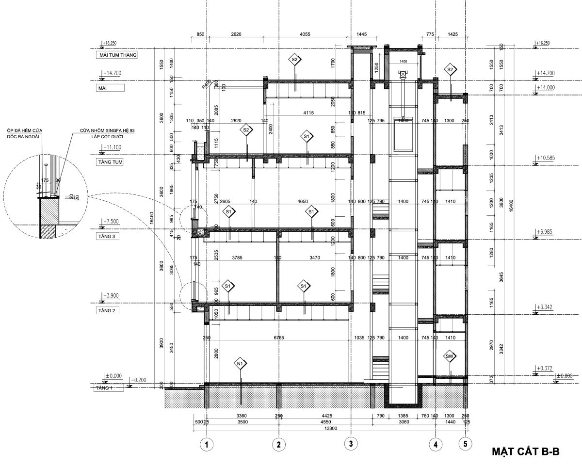 Bản vẽ thiết kế nhà phố 53m2-mặt đứng mặt cắt