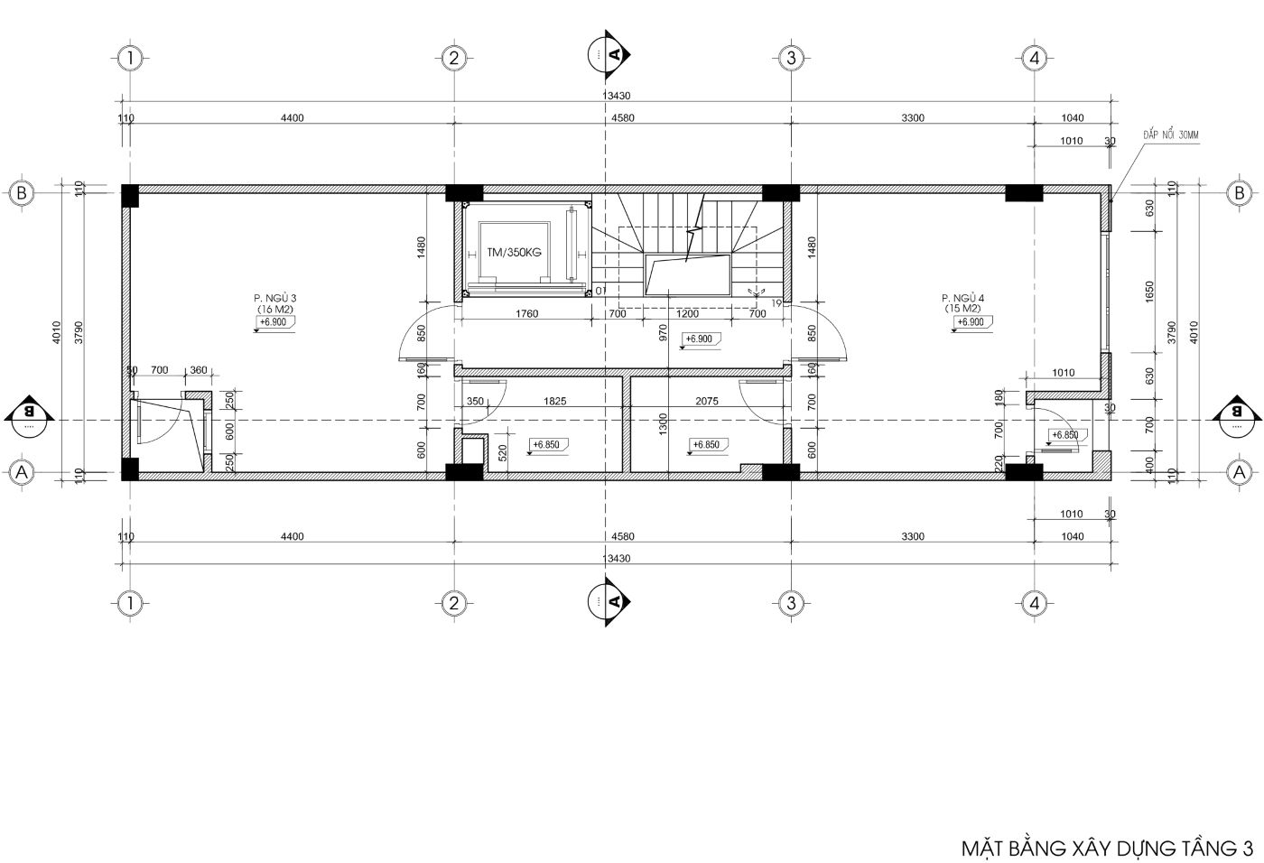 bản vẽ nhà trọ 50m2 6 tầng 1 tum, mặt tiền 4m