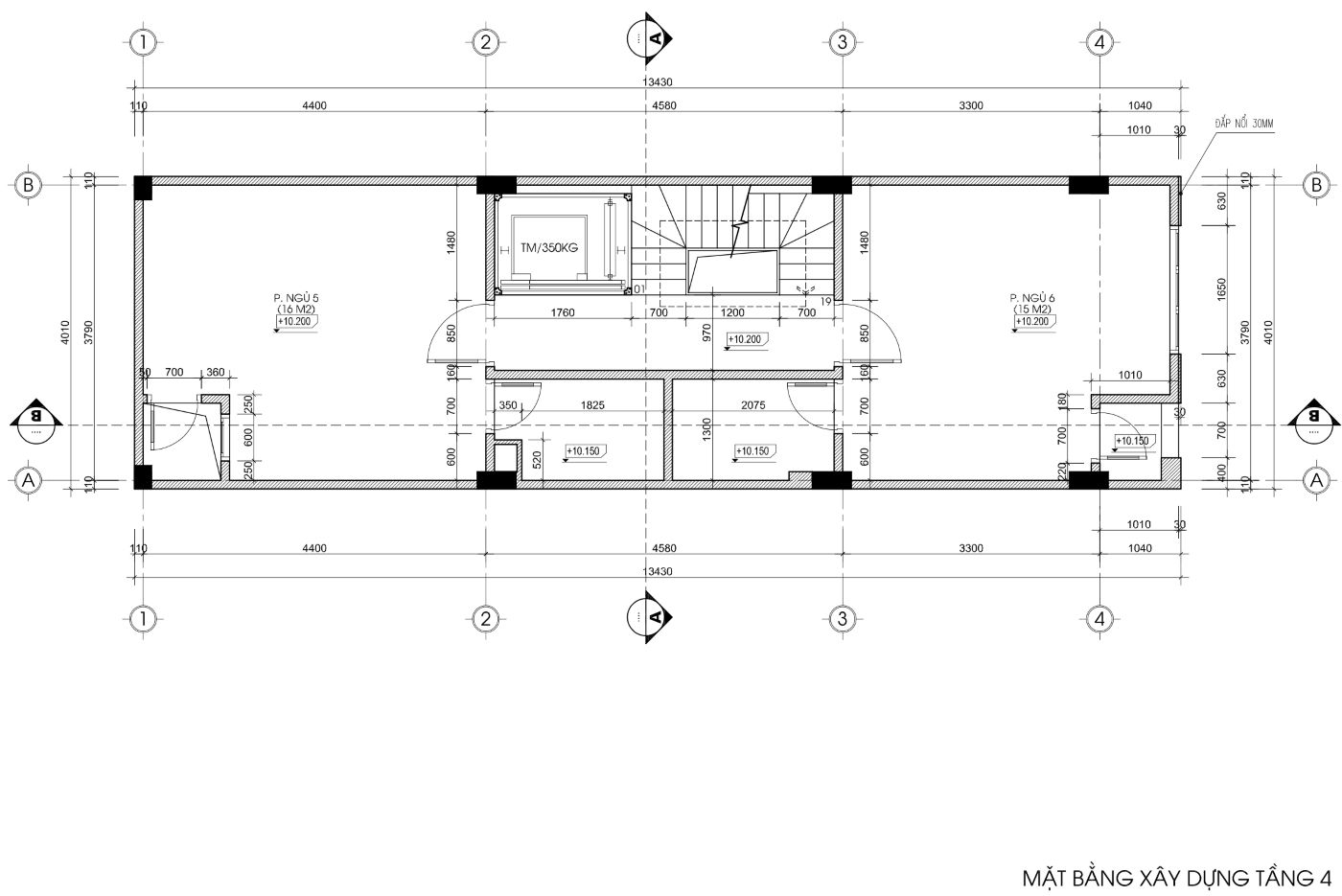bản vẽ nhà trọ 50m2 6 tầng 1 tum, mặt tiền 4m
