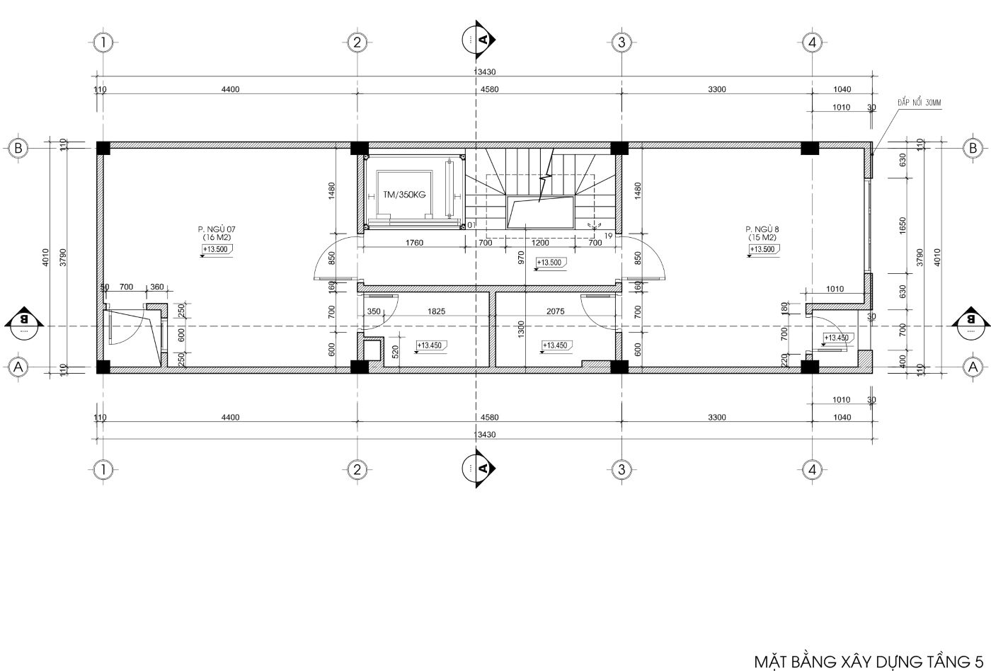 bản vẽ nhà trọ 50m2 6 tầng 1 tum, mặt tiền 4m