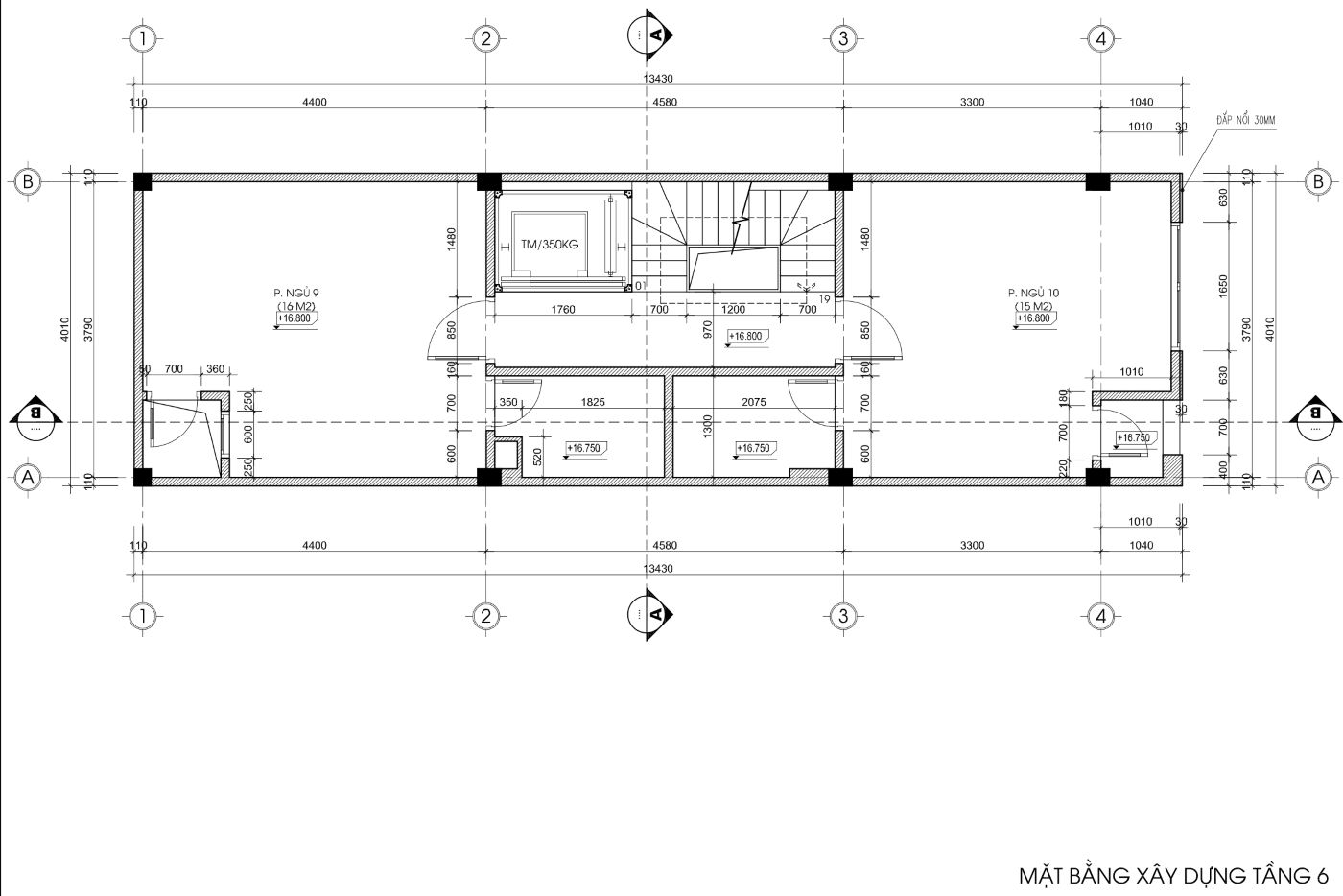 bản vẽ nhà trọ 50m2 6 tầng 1 tum, mặt tiền 4m