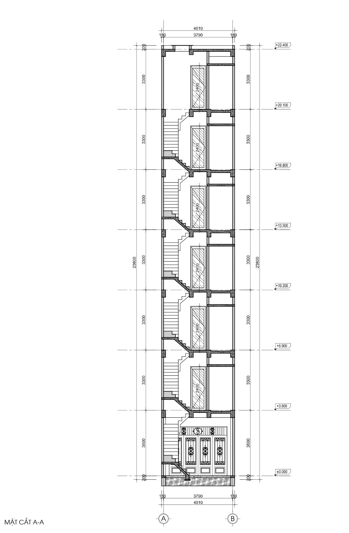 bản vẽ nhà trọ 50m2 6 tầng 1 tum, mặt tiền 4m