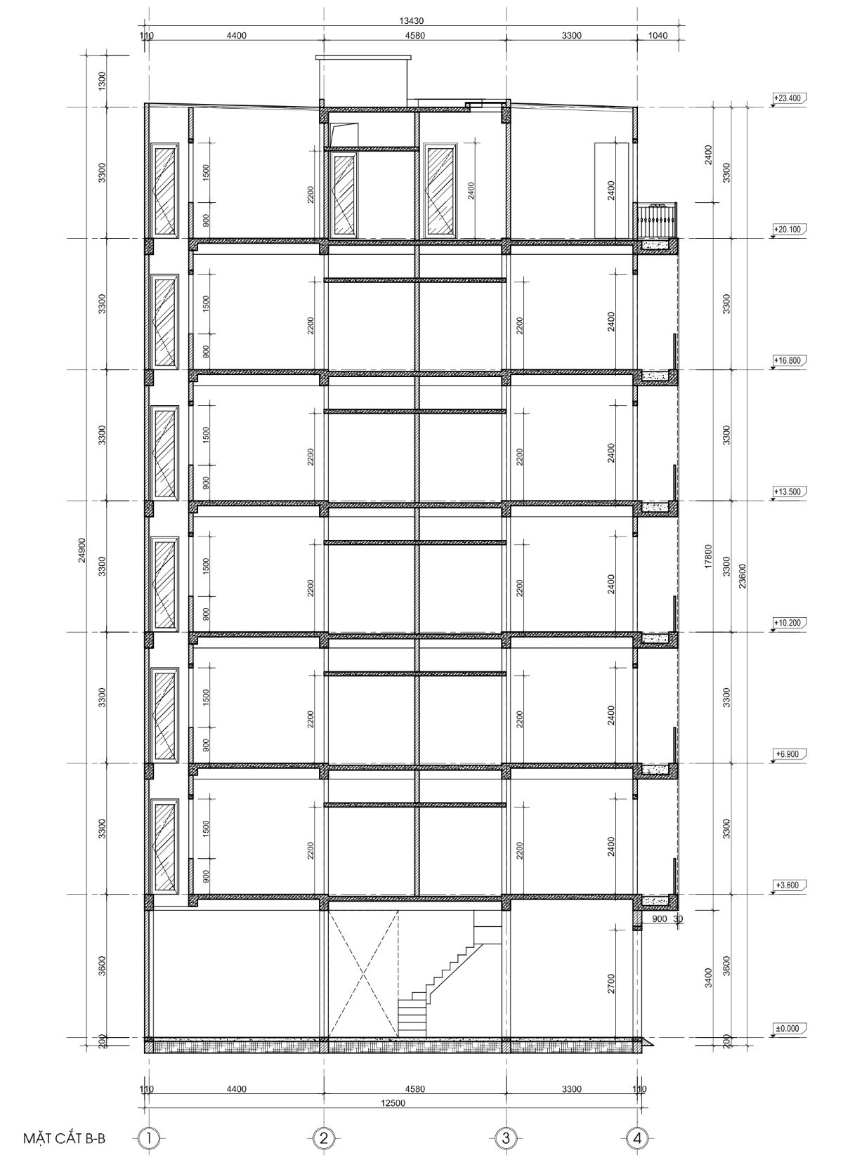 bản vẽ nhà trọ 50m2 6 tầng 1 tum, mặt tiền 4m