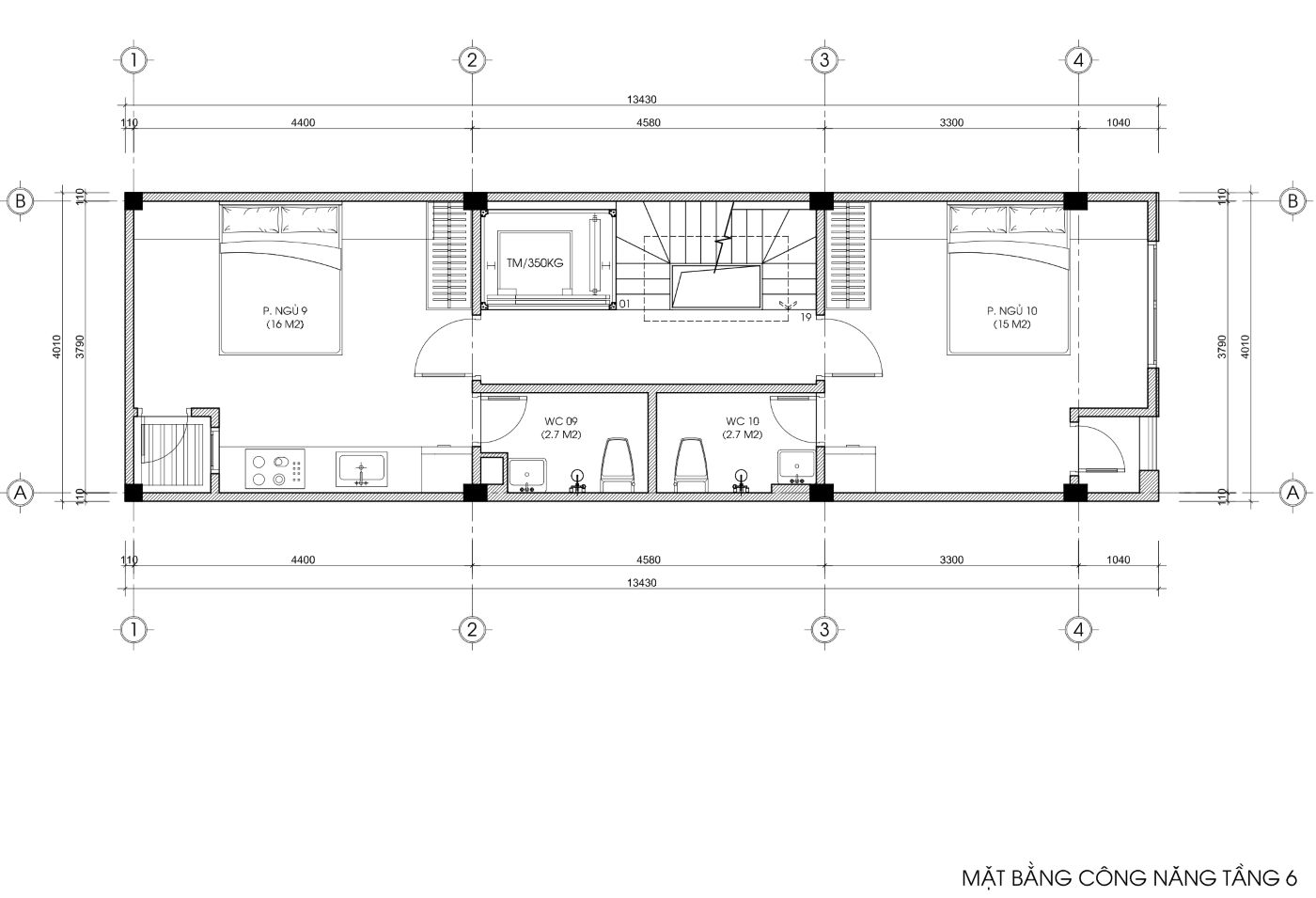 bản vẽ nhà trọ 50m2 6 tầng 1 tum, mặt tiền 4m